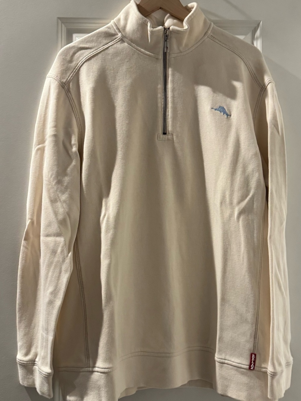 Tommy Bahama Cream Quarter-Zip Sweater with Light Blue Dolphin